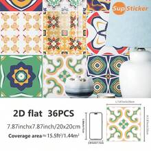 SUPSTICKER 12/36片装波西米亚风2D仿瓷砖自粘墙贴，PVC材质，防水、防油、防污、可移除，适用于厨房、客厅、浴室墙面装饰、橱柜表面翻新、装饰性防溅板，尺寸为7.87*7.87英寸/11.81*11.81英寸 - 多片裝 - 查看 12