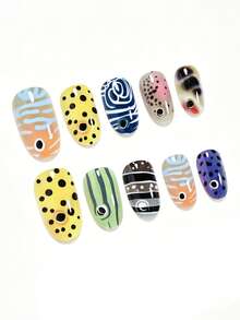 24pcs Short Oval False Nail Stickers, Cute Cartoon Design, Including Black Polka Dot, Leopard Print, Light Blue Stripe, Zebra Print, Colorful Y2K Style, Orange Gradient, Retro Fashion Black & White Color Block Stripe, Tortoiseshell, Navy Blue Swirl And More Styles, Suitable For Women And Girls, Comes With 1 Adhesive Sheet And 1 Mini Tape Nails - Multicolor - View 3