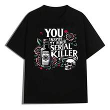 Camisetas gráficas vintage "You Inspire My Serial Killer" con estampado de calavera y rosa, camiseta casual de manga corta, camiseta de verano con cuello redondo, ropa de calle para mujer, camisetas gráficas para mujer, camiseta del 4 de julio para mujer, camiseta de algodón personalizada, estilo funk, de gran volumen, transpirable para el día a día. - Negro - Ver 1