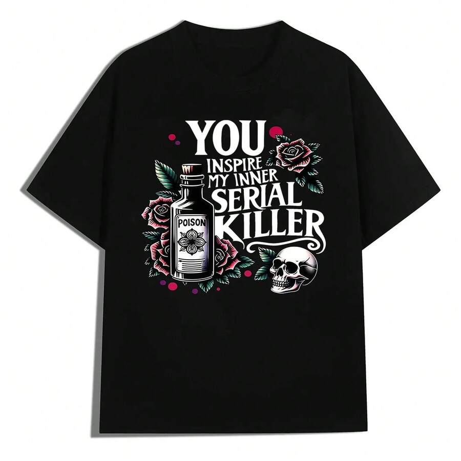 Camisetas gráficas vintage "You Inspire My Serial Killer" con estampado de calavera y rosa, camiseta casual de manga corta, camiseta de verano con cuello redondo, ropa de calle para mujer, camisetas gráficas para mujer, camiseta del 4 de julio para mujer, camiseta de algodón personalizada, estilo funk, de gran volumen, transpirable para el día a día. - Negro - Ver 1