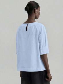 2026SS Nueva blusa de mujer, atuendo de vuelta al colegio, estilo campestre, casual de oficina, cita nocturna, aeropuerto, uso de fiesta, unicolor de verano con hombros descubiertos y manga corta, tela tejida, adecuada para el Día de San Valentín, t - Azul - Ver 7