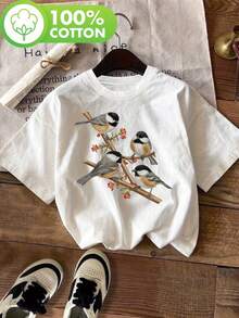 A T-Shirt Featuring Little Birds On A Branch, Designed For Bird Lovers, With A Casual Short-Sleeved Design And Round Neckline, Suitable For Summer And Spring, Loose And Comfortable Women's Clothing. - White - View 11