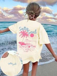 Camiseta de manga corta estilo playero para mujer, 100% algodón, corte holgado, estampado de palmeras Salty Soul, top casual transpirable, ropa para vacaciones de verano, estampado de letras, camiseta de manga corta de  playera de verano para mujer adulta, camiseta con estampado de letras, cuello redondo regular, tela transpirable, adecuada para la temporada de regreso a clases. - Blanco - Ver 10