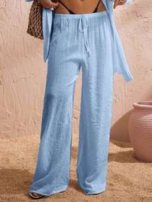 Pantalones anchos de verano para mujer con cintura anudada y unicolor - Celeste - Ver 4