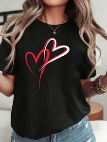 100% cotton Camiseta de mujer de manga corta y cuello redondo con estampado de patrón de corazones entrelazados en rojo y blanco, casual para primavera-verano, ocio diario, regalo de festividades - Negro - Ver 6