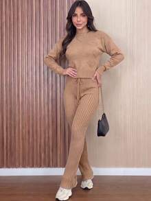 Women's Ribbed Knit Set: Long-Sleeved Blouse With Heart Details, High-Waisted Pants With Adjustable Drawstring, Casual Autumn/Winter Knitwear - 黑色 - 查看 6