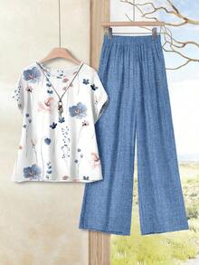 2 piezas Conjunto ajustado de mujer con estampado geométrico de bloques de color, adecuado para primavera y verano, apropiado para salir, casual - Multicolor 2 - Ver 4