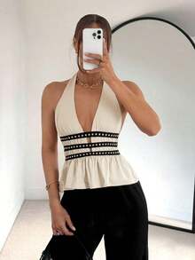 Nuevo top halter de verano con diseño de cintura con remaches para mujeres - Albaricoque 2 - Ver 4