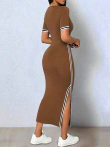 Vestido elegante de mujer de manga corta con cuello en V, de punto elástico de color negro con bloqueo de color, asimétrico con abertura en el bajo - Marrón - Ver 2