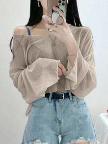 Camiseta corta de mujer de unicolor con cuello en V holgado, blusas de mujer de manga larga para primavera/verano, ropa de mujer para otoño - Albaricoque - Ver 4