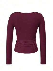 Camiseta ajustada de manga larga con cuello cuadrado para mujer, primavera/verano Y2K, unicolor, sexy, adecuada para el Día de San Valentín y uso casual - Burdeos 2 - Ver 4