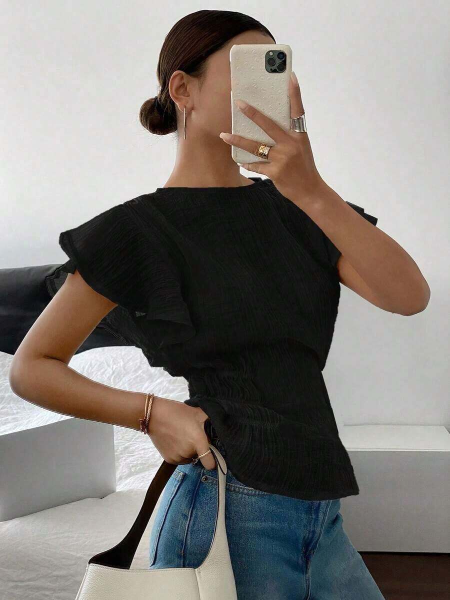 Blusa de mujer de cuello redondo liso, con mangas con volantes y cintura ceñida - Negro - Ver 1