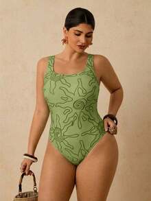 Traje de baño de una pieza con estampado de limón para mujer de talla grande, romántico para la playa y el spa a principios de primavera - Verde - Ver 6