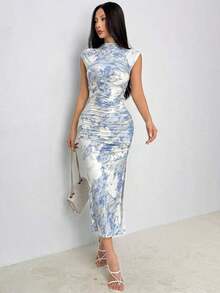 Vestido de verano de punto con pliegues, estampado floral de acuarela, silueta ceñida, con abertura lateral, elegante para vacaciones y uso diario - Azul - Ver 7