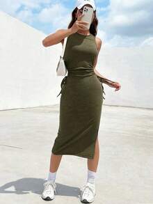 Vestido negro de verano con abertura lateral con cordón y recorte en el muslo - Verde militar - Ver 6