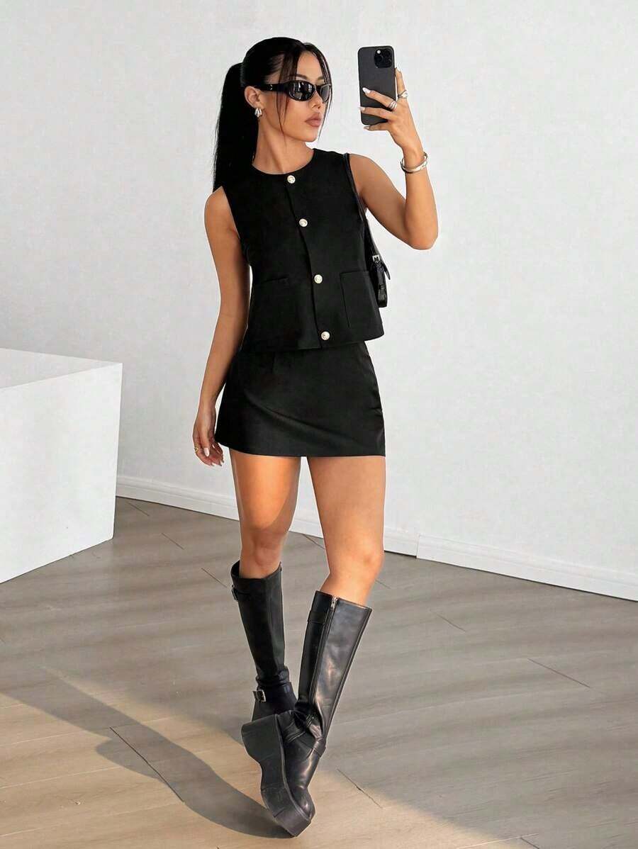 Conjunto casual de 2 piezas de chaleco de un solo pecho y falda de unicolor para mujer - Negro - Ver 1