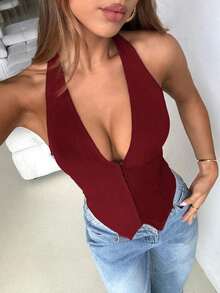 Top halter con cuello en U sexy y diseño abierto en la espalda para mujeres - Burdeos - Ver 8