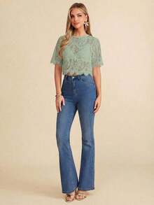 Blusa suelta de manga corta con encaje elegante para mujer, adecuada para la temporada de bodas, citas, primavera y verano, color: Blusa de verano casual de primavera y verano para mujer Blusa blanca Blusa bohemia Blusa de ojal Blusas de verano par - verde menta - Ver 6