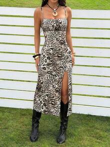 Vestido midi de leopardo con abertura lateral y tirantes - Marrón Mocha - Ver 4