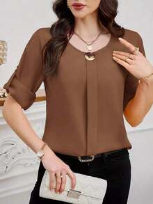 Clasi Blusa casual sencilla para uso diario con cuello redondo, manga corta y botones delanteros para mujer - Marrón - Ver 1