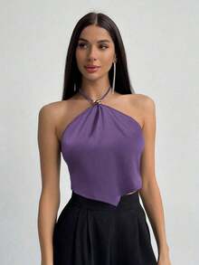 Camiseta de tirantes con cuello halter y bajo asimétrico para mujer - Morado - Ver 1