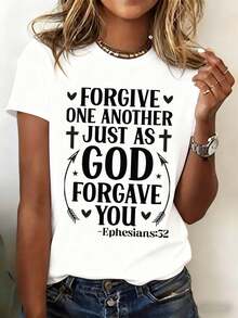 Camiseta de mujer con temática de perdonamiento - 180g, 100% blanco puro, con un mensaje de perdón impreso, estilo casual de manga corta y cuello redondo, adecuada para reuniones religiosas, uso diario y como regalo religioso. - Blanco - Ver 1