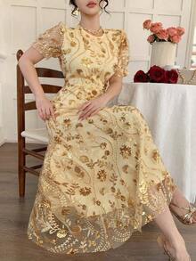 Vestido de mujer con decoración de encaje floral completo para vacaciones, ropa de verano para mujer, vestido de graduación, vestido de invitada de boda para mujer, vestido de cóctel de verano - Dorado - Ver 2