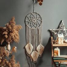 1pc Handmade Woven Dreamcatcher Wall Hanging, Boho Style Woven Tassel Leaf Decor, Neutral Beige Macrame Wall Art, Modern Woven Wall Decor, Boho Bedroom Dreamcatcher Decor - Multicolor - View 11