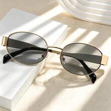 1 Pair Retro Oval Fashion Glasses, Women's Small Metal Frame Fashionable Glasses, Women's Fashion Glasses, Beach Accessories, Women's Glasses, Autumn/Winter Basic Outfit, Business Casual Gift, Cat Eye Shape For Back To School - black gray - View 2