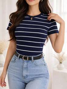 Women's Basic Ribbed Cotton Striped Blouse - Azul Marino - Ver 2