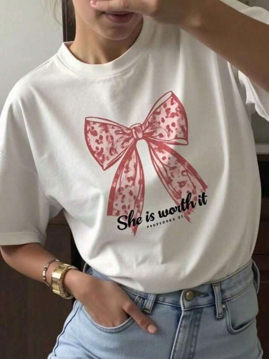 Teen Girl Clothes, Graphic Tees For Teens, Crop Tops, Cute Tops, Teen Girl Summer Clothes, Crop Top With "She Is Worth It" Print And Pink Leopard Bow, Perfect For Boys And Girls, Regular Crew Neck, Breathable Fabric, Y2k Style. - 白色 - 查看 1