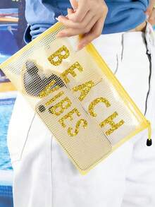 Multi Colored Waterproof Fashionable Mesh Beach Bag, Makeup Bag With Colorful "Beach Atmosphere" Print, Beach Theme With Letters And Sequin Design. Large Capacity Transparent Makeup Bag, Nylon Zipper Wash Bag - Lightweight, Can Store Sunscreen, Snacks, Bikinis, And Beach Essentials. Spring And Summer Storage - Multicolor - View 6