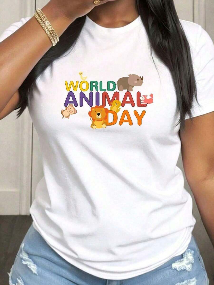Women's T-Shirt For World Animal Day, Casual, Short Sleeve, Round Neck, Medium Elasticity Fabric, Suitable For Spring, Summer And Autumn Casual Wear, Machine Washable, Fun Design - 白色 - 查看 1