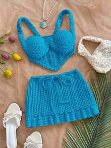 Conjunto de 2 piezas de top corto de ganchillo con tirantes finos y falda de cintura baja, adecuado para festivales de música, estilo bohemio, citas de vacaciones, tarde de té - azul real - Ver 6