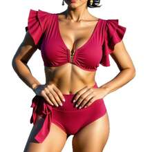 Nuevo bikini de cintura alta con volantes, estilo vintage, adelgazante y que disimula el abdomen, traje de baño push-up con escote en V profundo para mujeres en vacaciones. - Amarillo - Ver 6