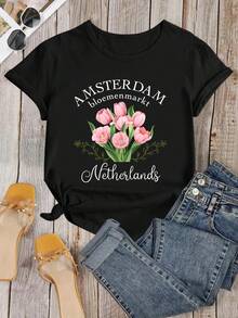 1 T-Shirt With Pink Tulip Print, Amsterdam T-Shirt, Holland Travel Souvenir, Pink Floral T-Shirt, Nature Lover T-Shirt, Gift For Tulip Lovers, 180g 100% Cotton. - 黑色 - 查看 2