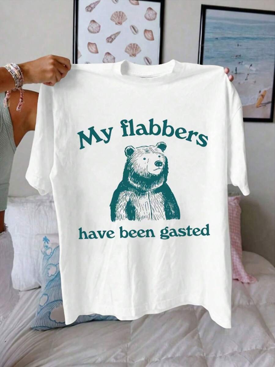 Women's Casual Cotton T-Shirt With A Round Neck And A Fun Bear Print - Featuring The Slogan "My Mouth Is Wide Open" - Soft And Breathable Crew Neck T-Shirt - Casual Summer Everyday Wear - Machine Washable Short-Sleeved White T-Shirt With Green Text - Lightweight And Stylish T-Shirt With A Fun Print, Comfortable Fit, A Must-Have For Humor Lovers. Simple T-Shirt For Everyday Wear. - 白色 - 查看 1