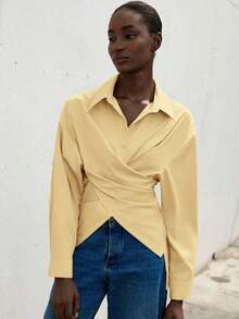 Aveloria Zanirela Camisa de trabajo con frente cruzado y envolvente sólido - Amarillo Mostaza - Ver 4
