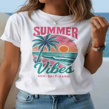 A Classic And Versatile Piece: A Short-Sleeved T-Shirt In Pure Cotton With A Palm Tree Print In Soft Pink And Turquoise Tones, Ideal For Any Season. Modern Style - White - View 2