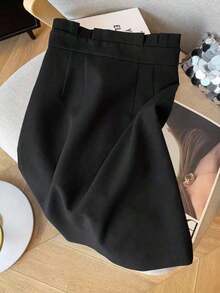 Falda midi de diseño minimalista con cintura de bolsa de papel, cintura alta, falda ajustada para el trabajo, color negro - Negro - Ver 6