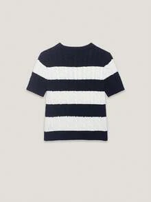 CAREE 女士夏季条纹短袖针织衫，学院风 Polo 领休闲套头衫 - 藍白色 - 查看 2
