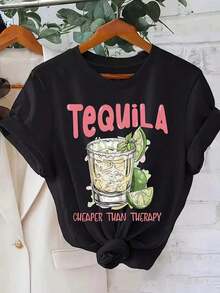 Camiseta de manga corta para mujer con estampado gráfico - Camiseta casual de cuello redondo para verano y primavera - Negro - Ver 1