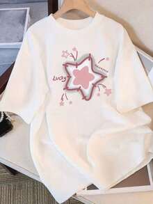 Camiseta de verano de algodón puro, holgada, de cuello redondo, versátil, cómoda y casual para mujer, juvenil y a la moda, blusa de manga corta para uso diario. - Blanco - Ver 1