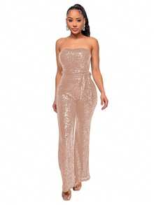 New Women's Jumpsuit, Hot Style, Sleeveless, Sequined, Backless, With Ribbons, Tube Top, Sexy Design, Perfect For Photoshoots, Nightclubs, Parties And Evening Looks - 香檳色 - 查看 7