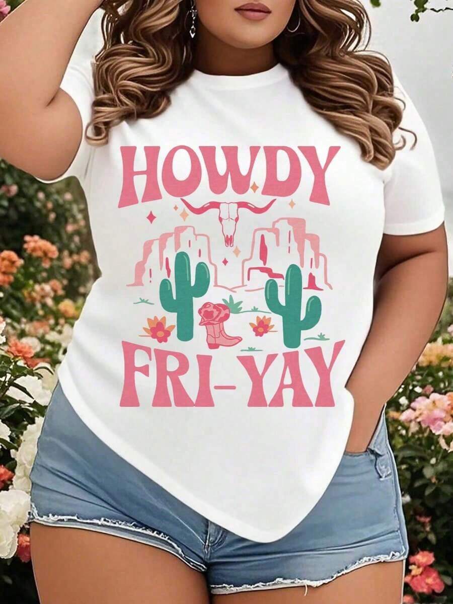 ropa de mujer Camiseta Western Cowgirl Howdy Fri-Yay con diseño de cactus y botas de vaquero, camiseta gráfica divertida para mujer, top de estilo country, perfecta para salidas de fin de semana y eventos festivos, camisas de mujer - Blanco - Ver 1