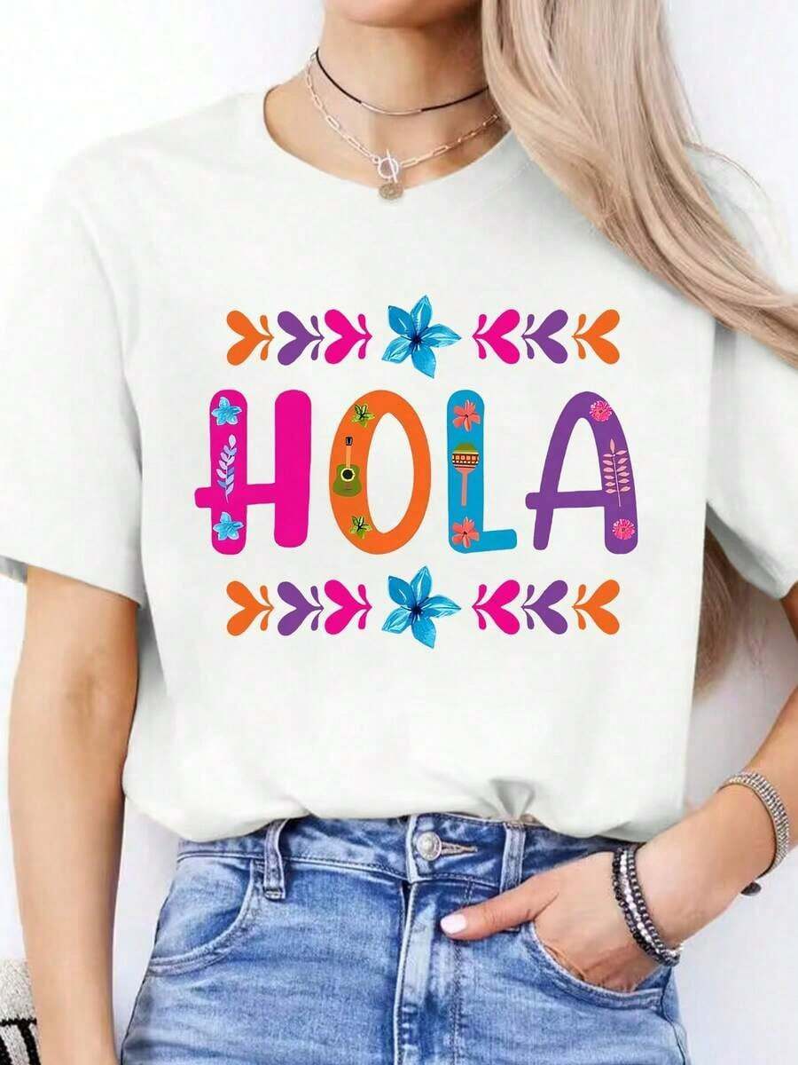Camiseta Deportiva Casual de Manga Corta con Cuello Redondo y Estampado de Letras en Español para Primavera/Verano, Prenda Imprescindible para Mujer - Blanco - Ver 1
