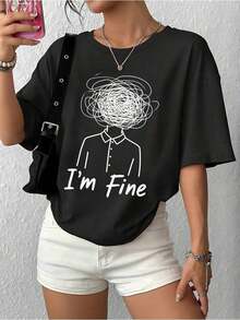Sudadera Casual de Cuello Redondo para Mujer con Estampado "I'm Fine-1Pure-Cotton" - Negro 2 - Ver 4