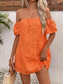 Vestido de verano de unicolor para mujer con hombros abiertos, con patrón bordado calado, mini vestido corto para vacaciones y playa - Naranja - Ver 7
