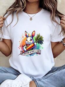 1 pieza clásica y versátil, camiseta de manga corta de algodón puro con estampado de conejo y zanahoria para mujeres, ideal para usar en cualquier estación. Estilo moderno - Blanco - Ver 1