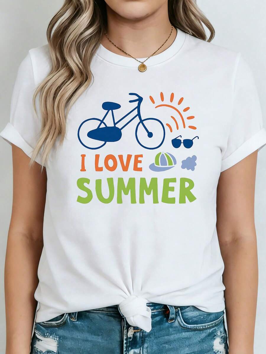 Camiseta de mujer de talla grande con estampado "Bicycle / Sun Element I LOVE SUMMER". Ideal para ciclismo de verano, campamentos al aire libre, vacaciones en la playa, uso casual, reuniones temáticas de vacaciones y para el día a día. - Blanco - Ver 1